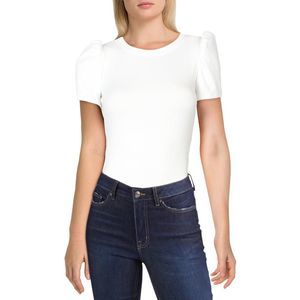 NWT Aqua Womens White Puff Sleeve Crewneck T-Shirt Bodysuit Top